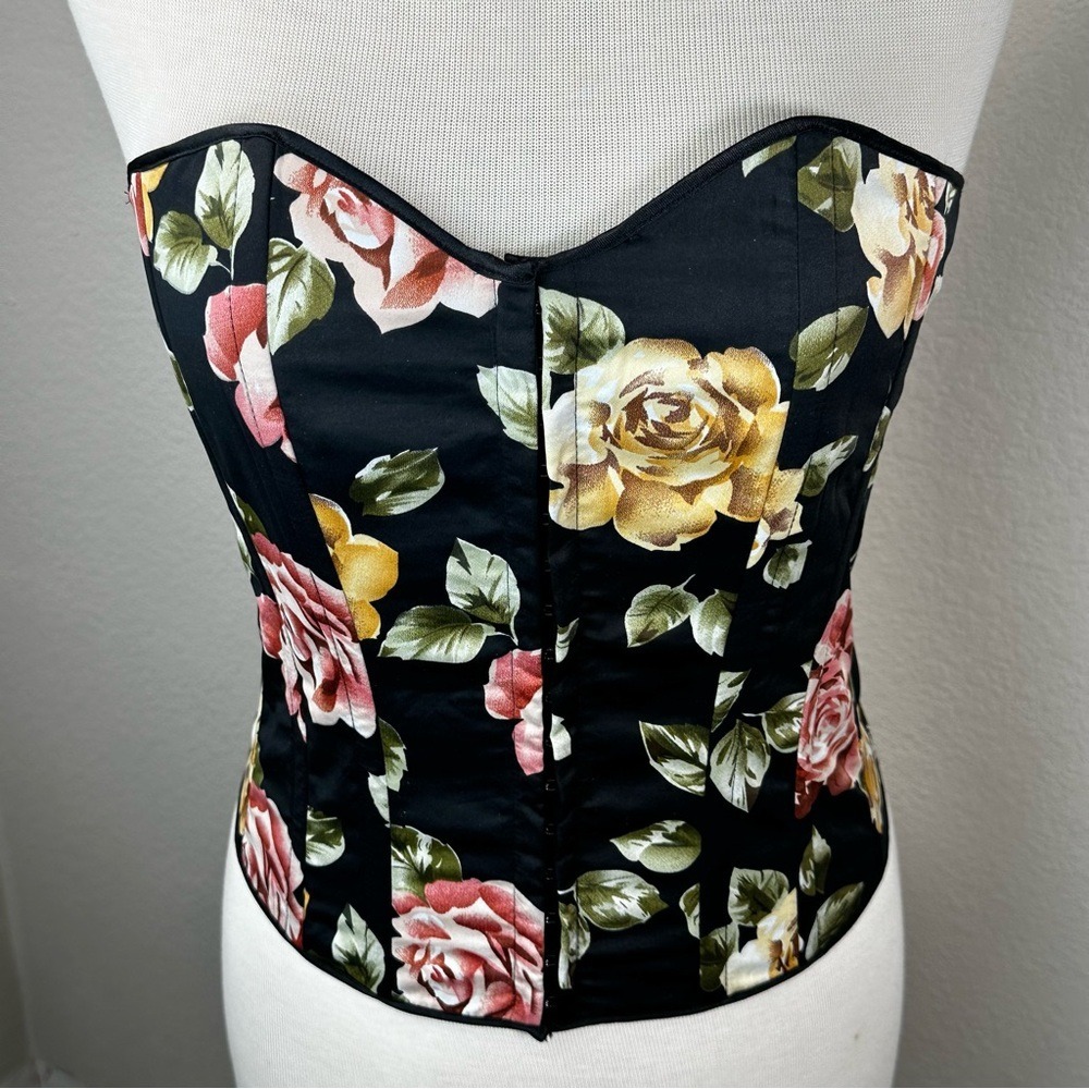 Black Floral Corset Top Lace Up Back‎ Strapless Bustier Rose Coquette XS S